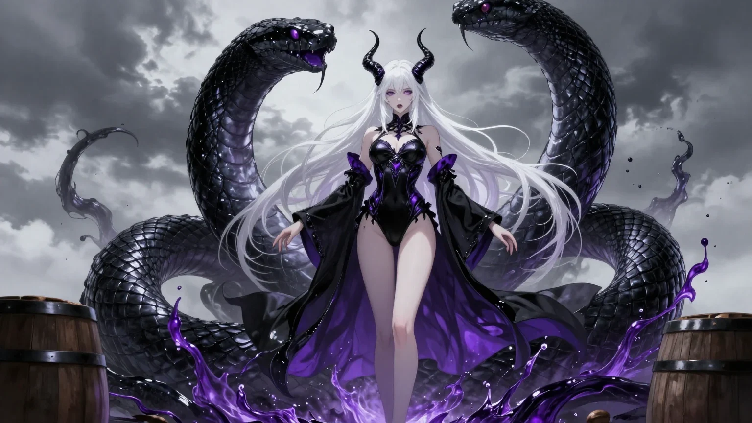 A Pale, Ethereal Succubus with Long White Hair and Sharp Horns Commands the Center