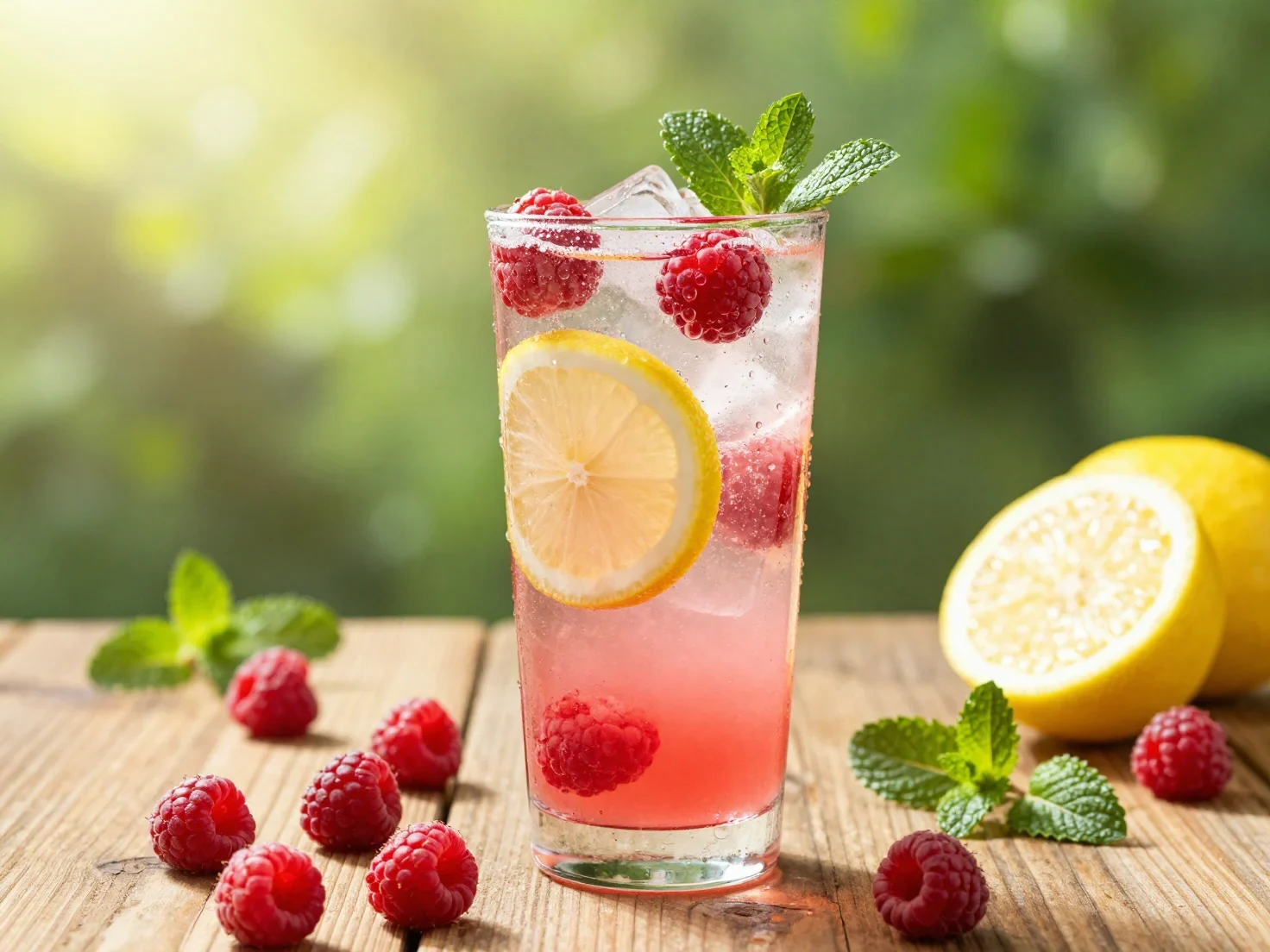 Refreshing Raspberry Lemonade Mocktail Served in a Clear Highball Glass Filled