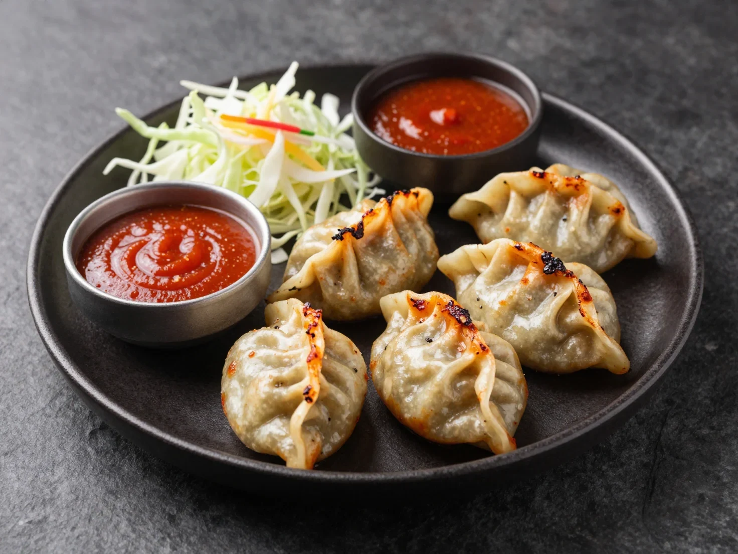 Spicy Grilled Chicken Momos on Black Ceramic Plate, Red Dipping Sauces