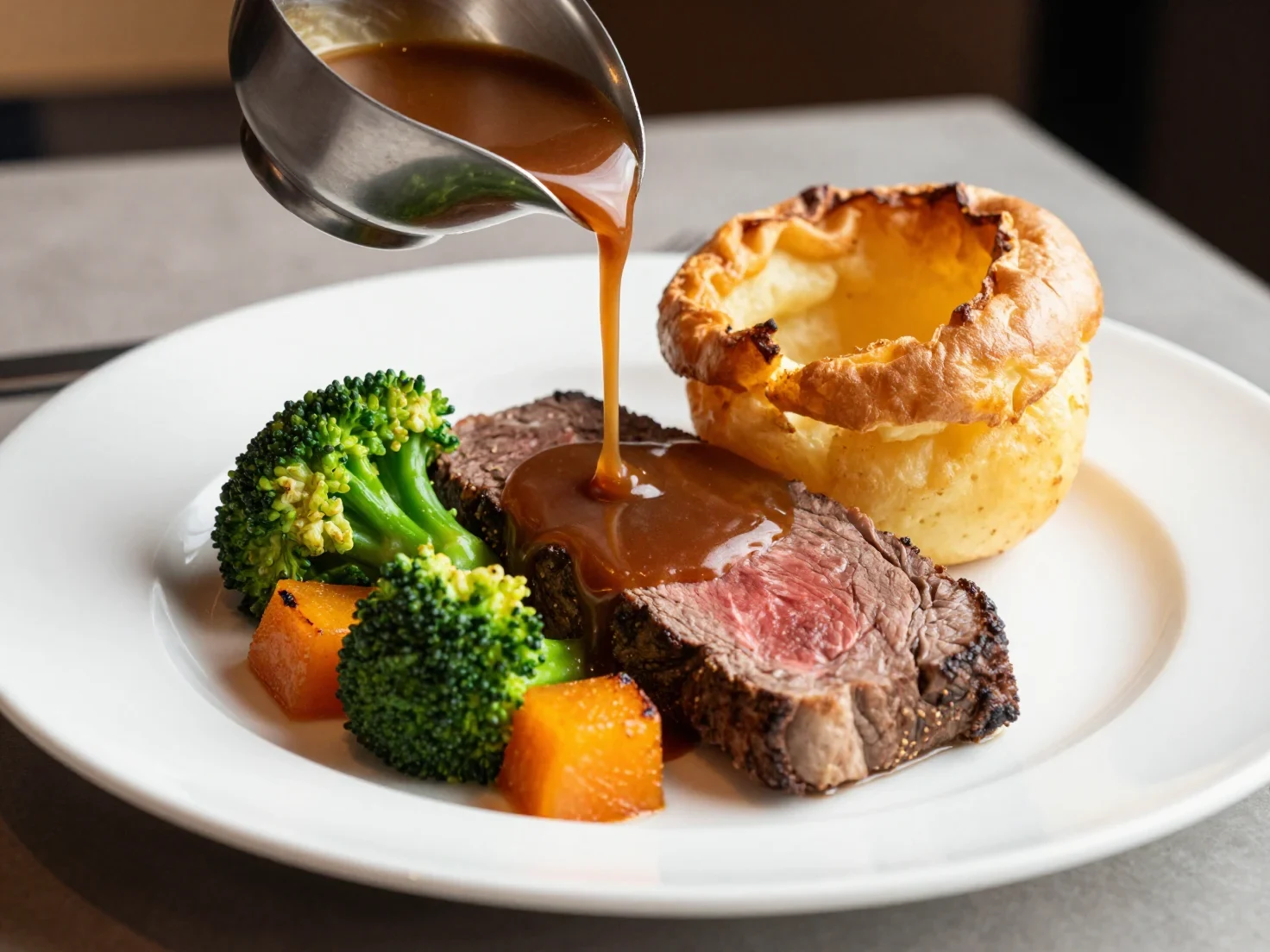 Professional Food Photography of a Gourmet Roast Dinner Served on a White Ceramic