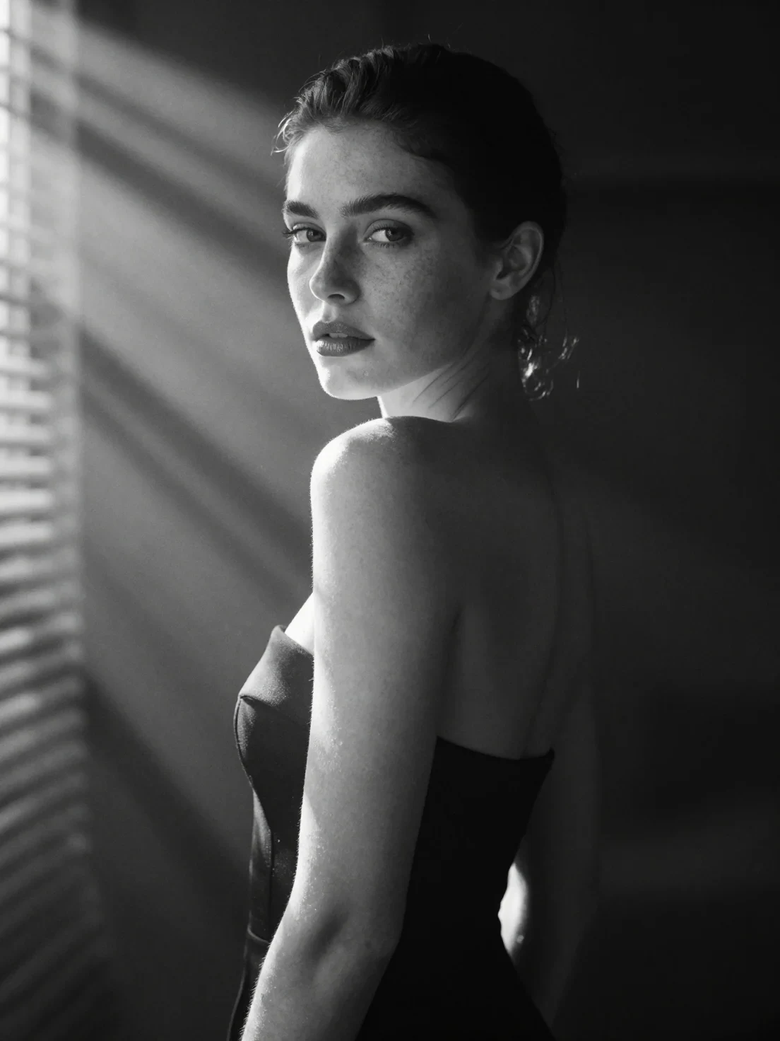 A Hyperrealistic 8k Black and White Cinematic Mid Shot Portrait of a Beautiful