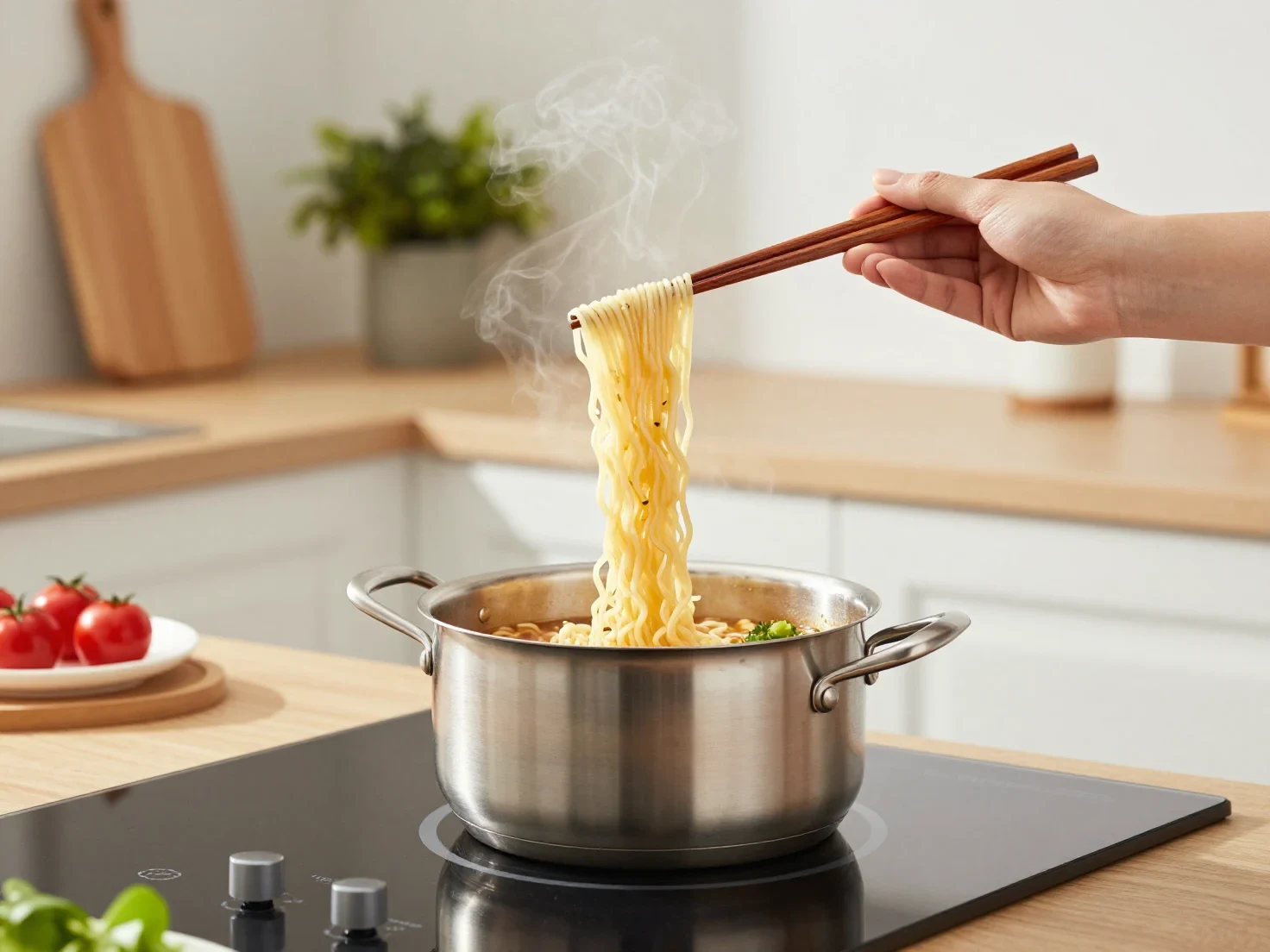 A Hand Holding Wooden Chopsticks Lifting Steaming Instant Noodles from a Stainless