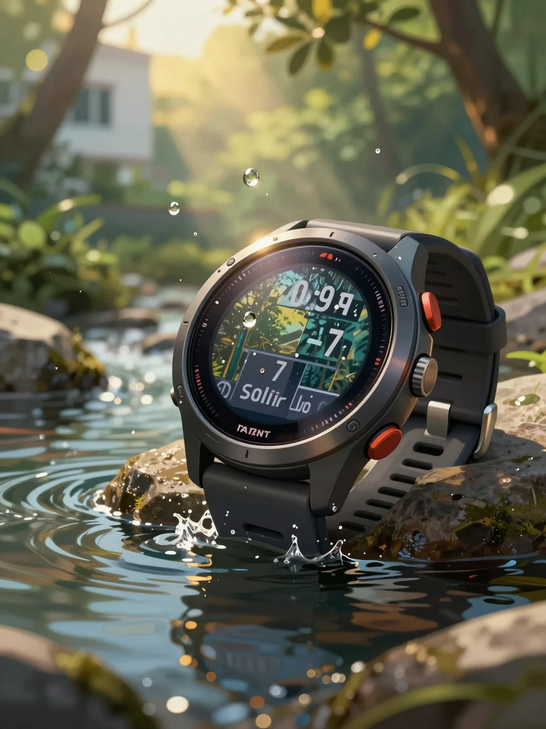An Artistic Close-Up Illustration of a Garmin Tactix 7 Pro Solar Watch Resting