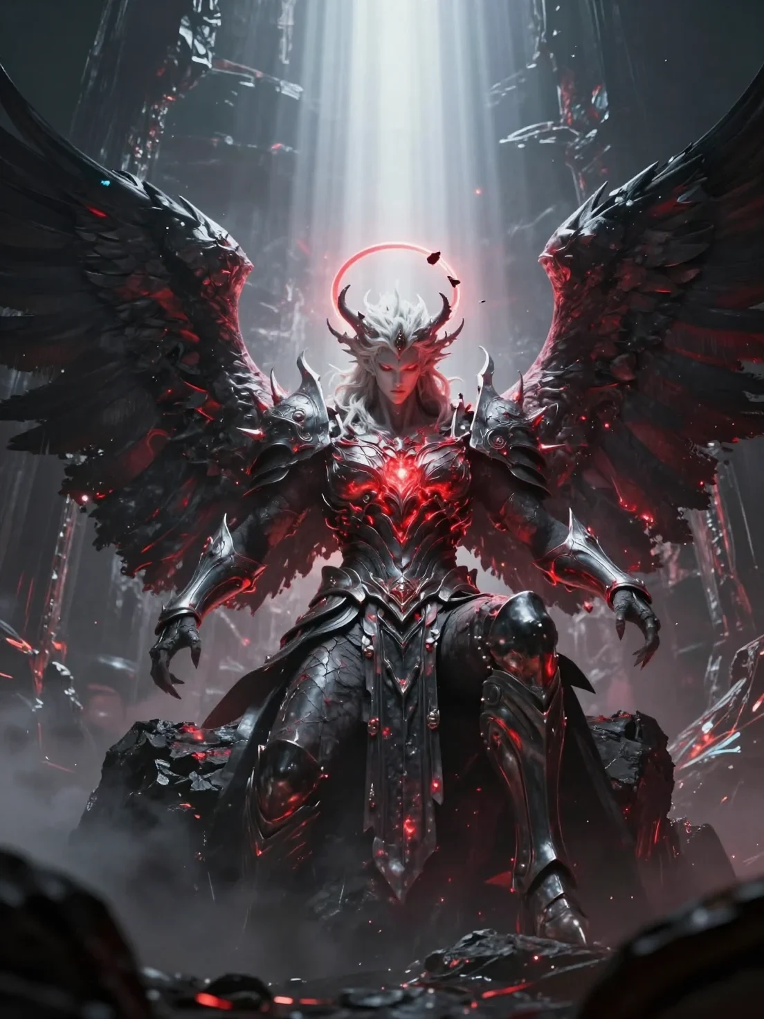 Ancient Fallen Angel Emerging from Celestial Ruins, Massive Black Wings