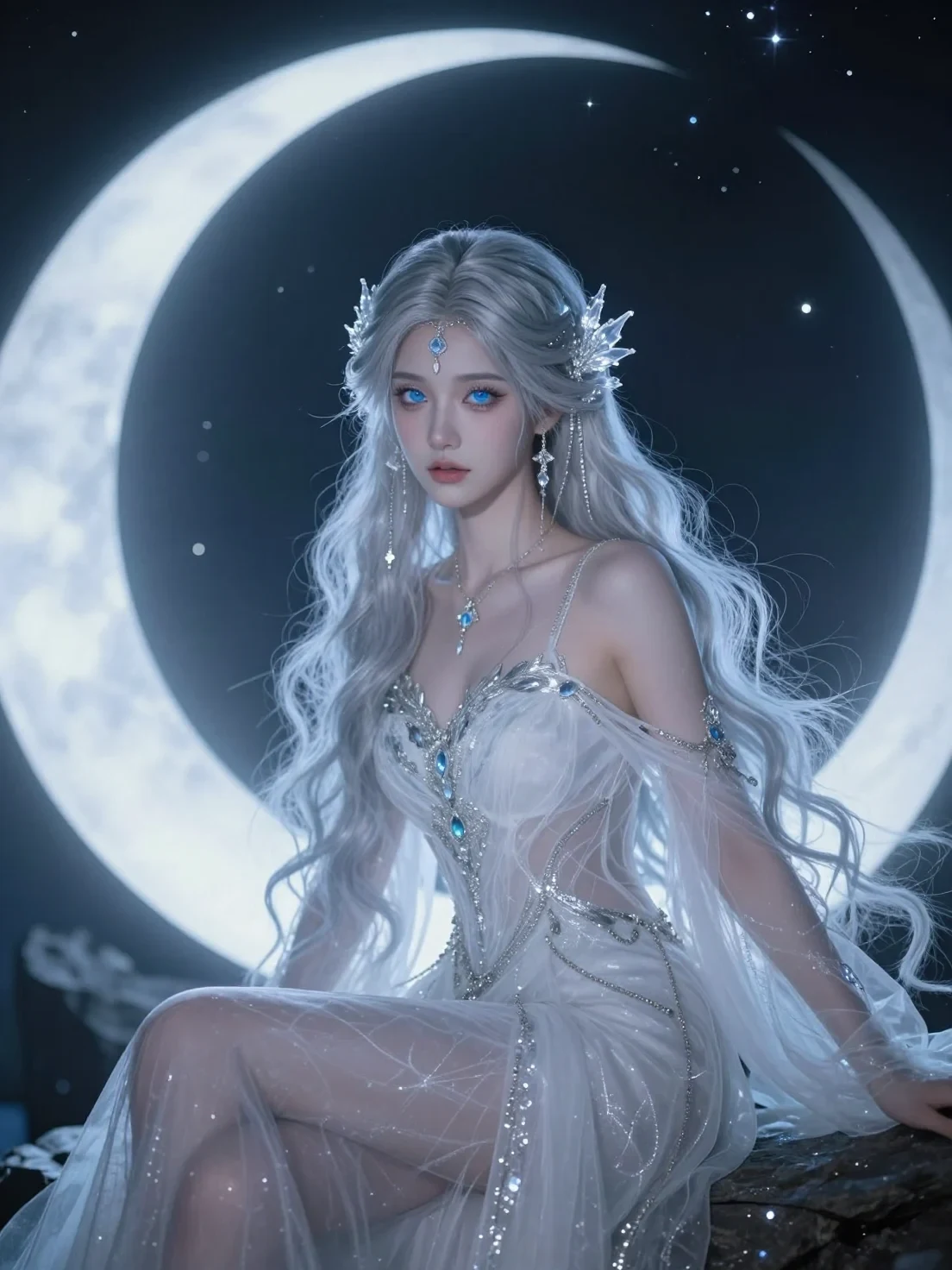 Hyperrealistic Portrait of Ethereal Ice Goddess, Long Silver Wavy Hair