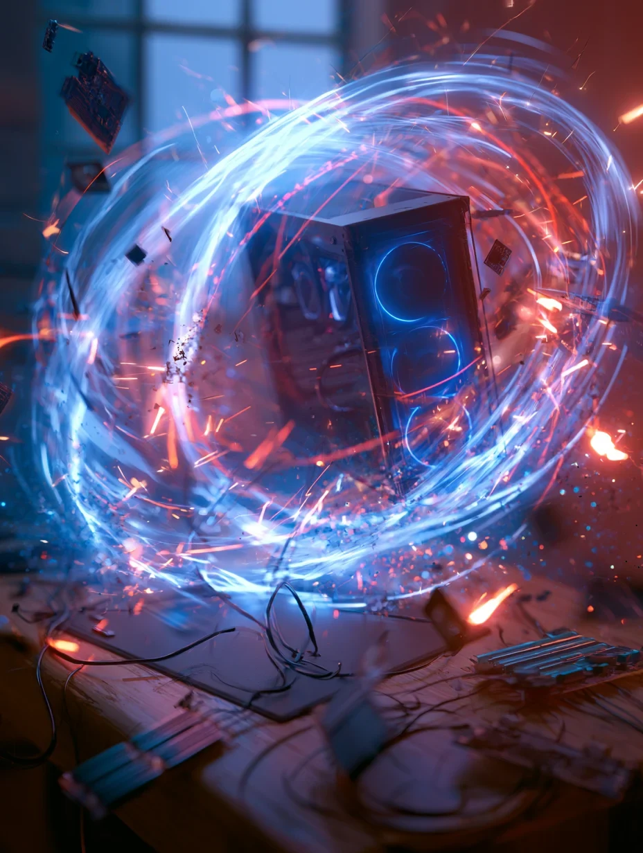 Ultra-Realistic Gaming PC Floating Above a Desk, Surrounded by Glowing Blue