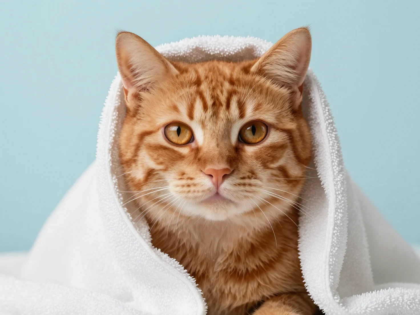 Ultra Realistic Portrait of a Ginger Cat Wrapped in a Soft White Towel