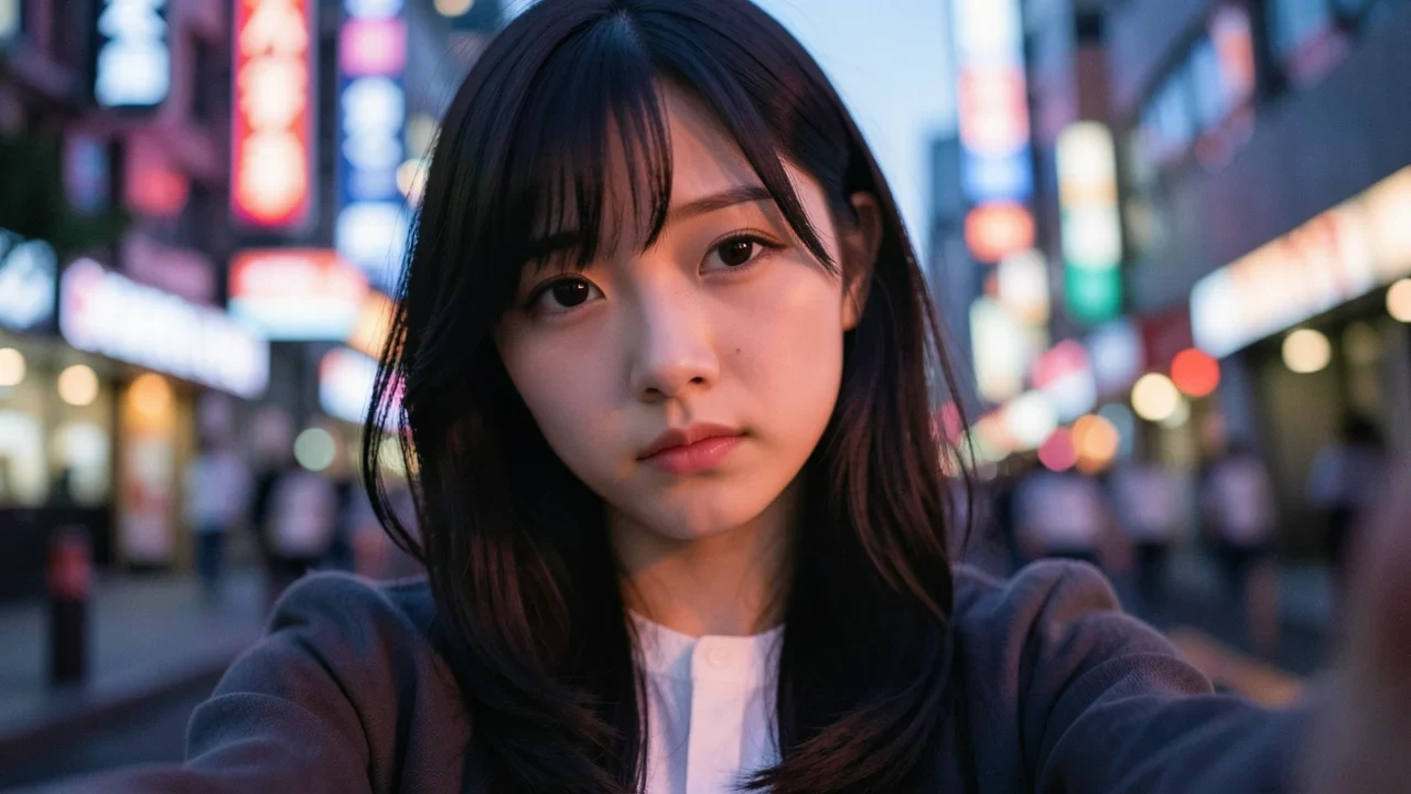 エモーショナルな雰囲気で、夕暮れ時の柔らかな光に包まれた日本人女子大生の自撮り写真