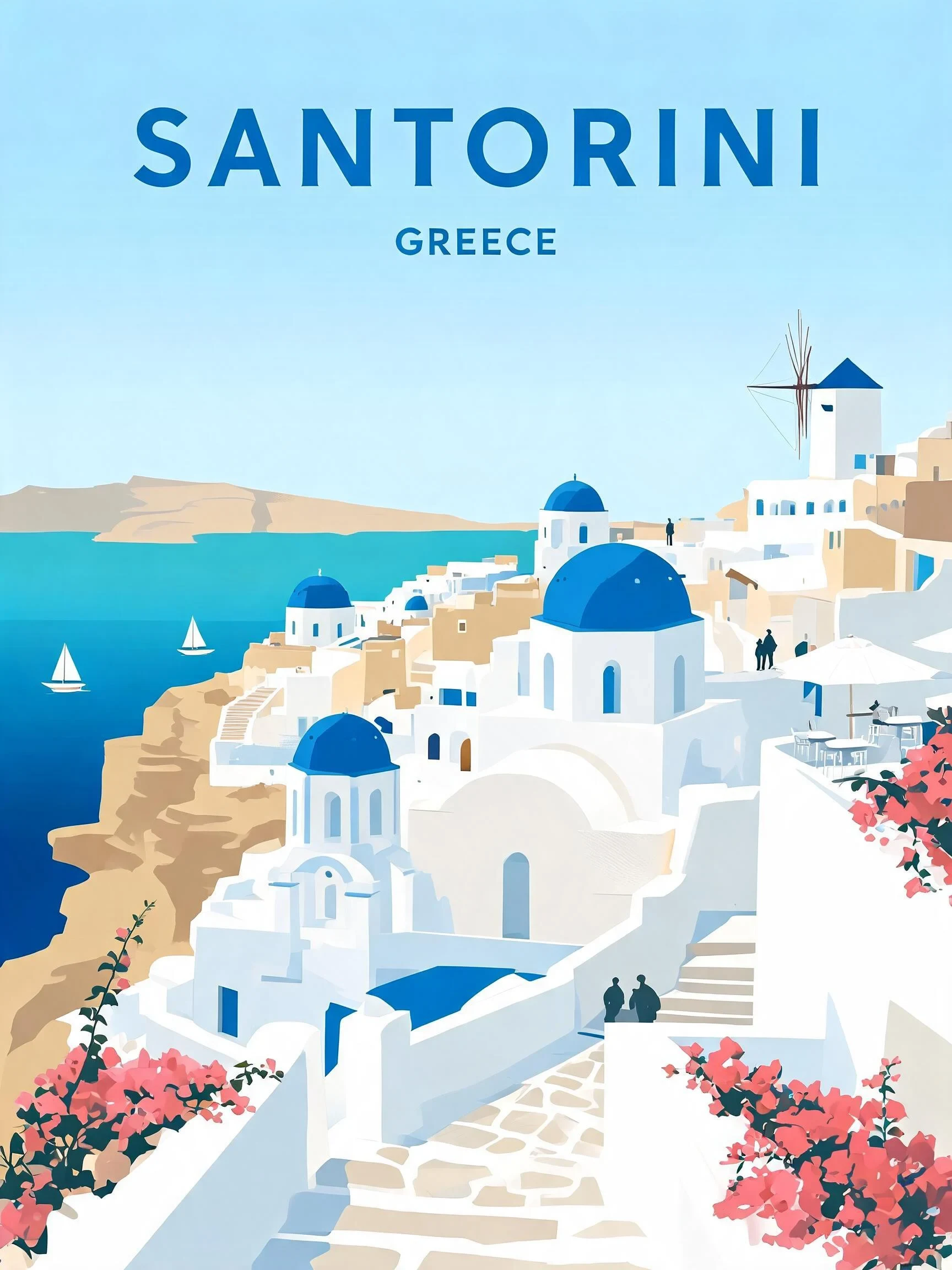 Premium Editorial Travel Poster Illustration of Santorini, Greece