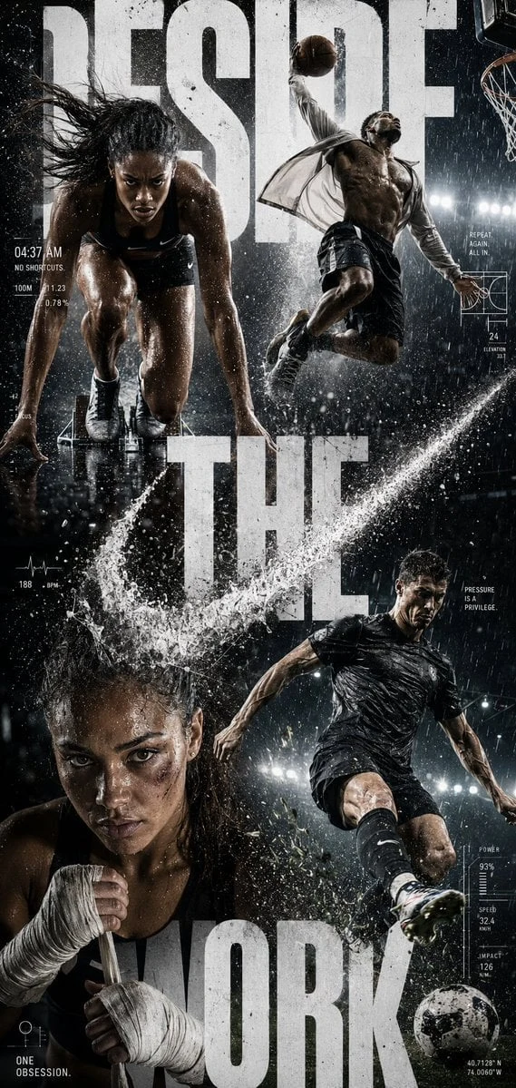 Hyper-Realistic Global Sportswear Campaign Poster Titled: "DESIRE THE WORK."