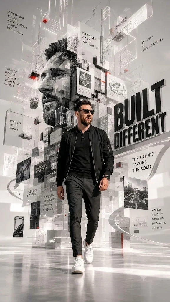 A Futuristic Monochrome Motivational Digital Artwork Featuring a Man Resembling