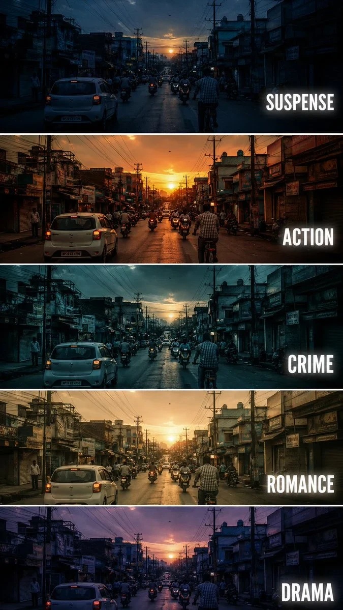 Vertical Cinematic Tutorial Comparison Poster Showing the Same Urban Street Scene