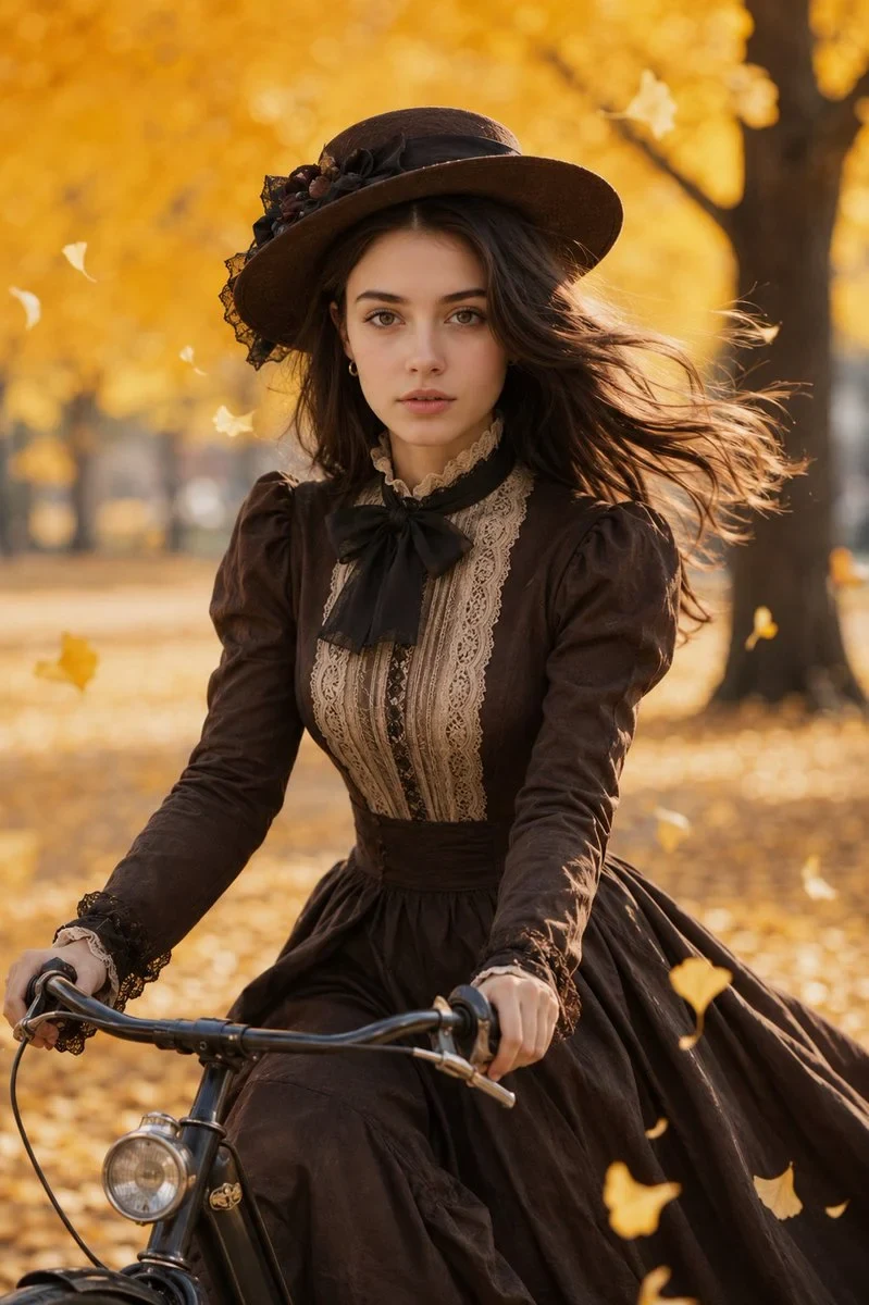 An Ultra-Realistic, Cinematic Portrait of a Beautiful Young Woman Riding a Vintage