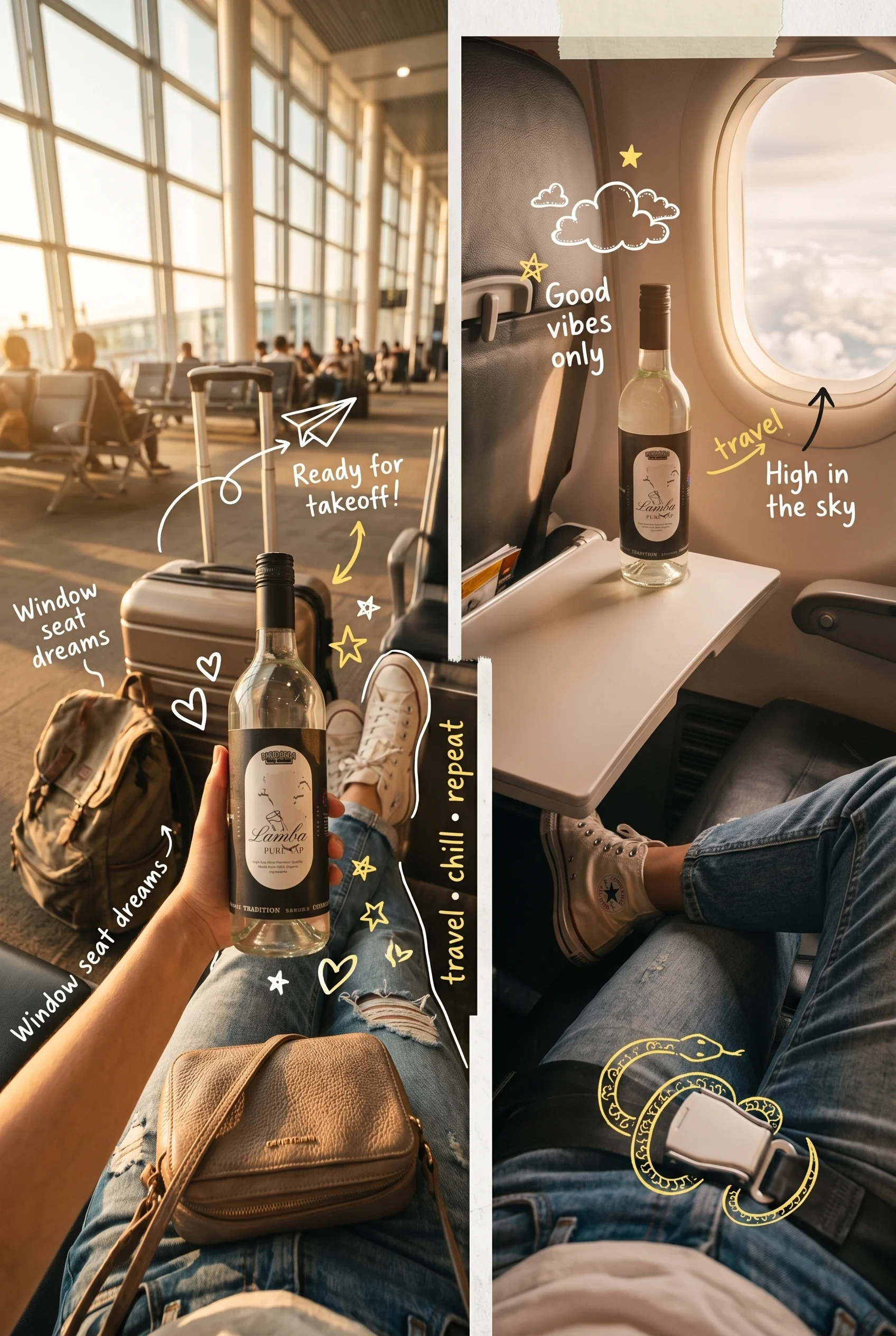 POV Travel Photography of a Person Sitting at an Airport and Inside an Airplane
