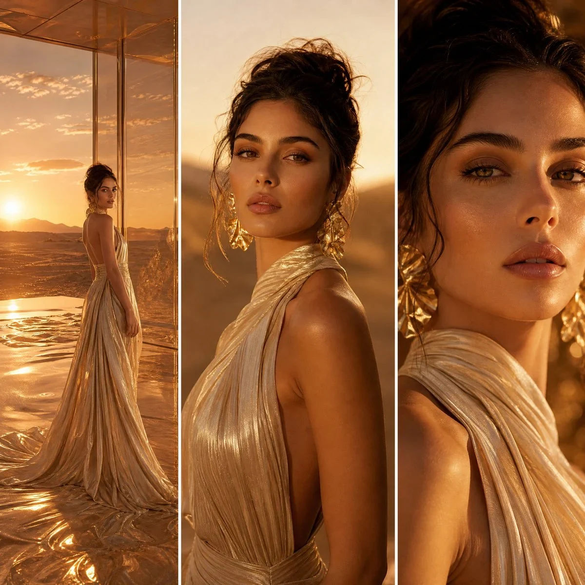 A Three-Panel High-Fashion Editorial Spread Set in a Glowing Sunset Desert-Glass