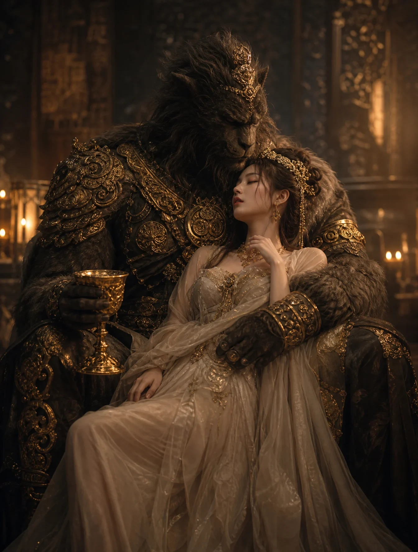 A Delicate Empress in Translucent, Layered Silk Robes Leans Back in the Embrace