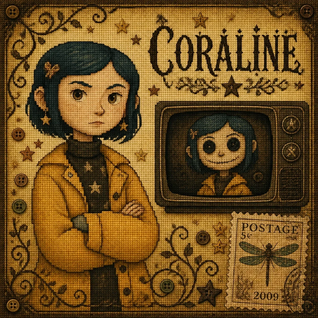 Vintage Cross-Stitch Fan Art Illustration in Scrapbook Layout