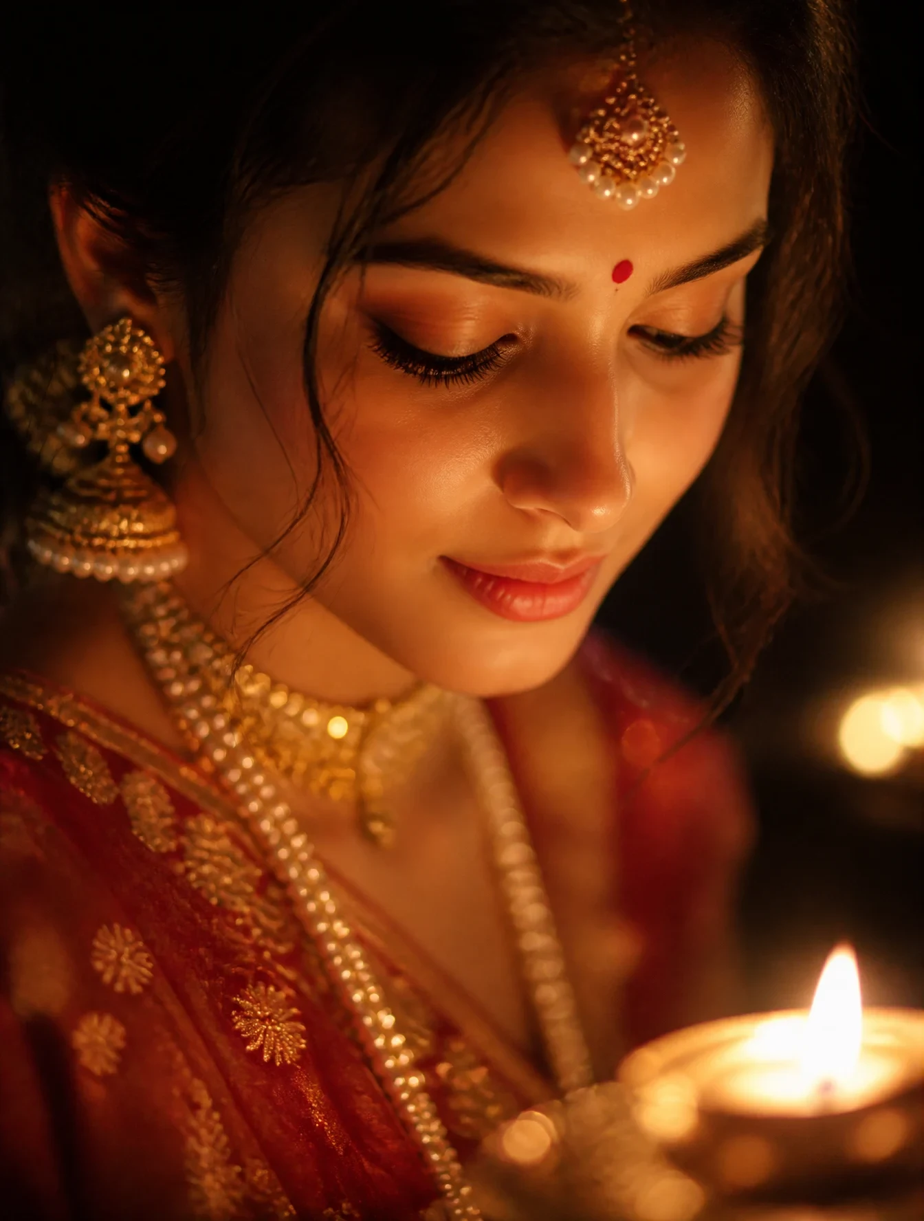 A Portrait of a Woman in Traditional Indian Attire Is Captured in an Ethereal