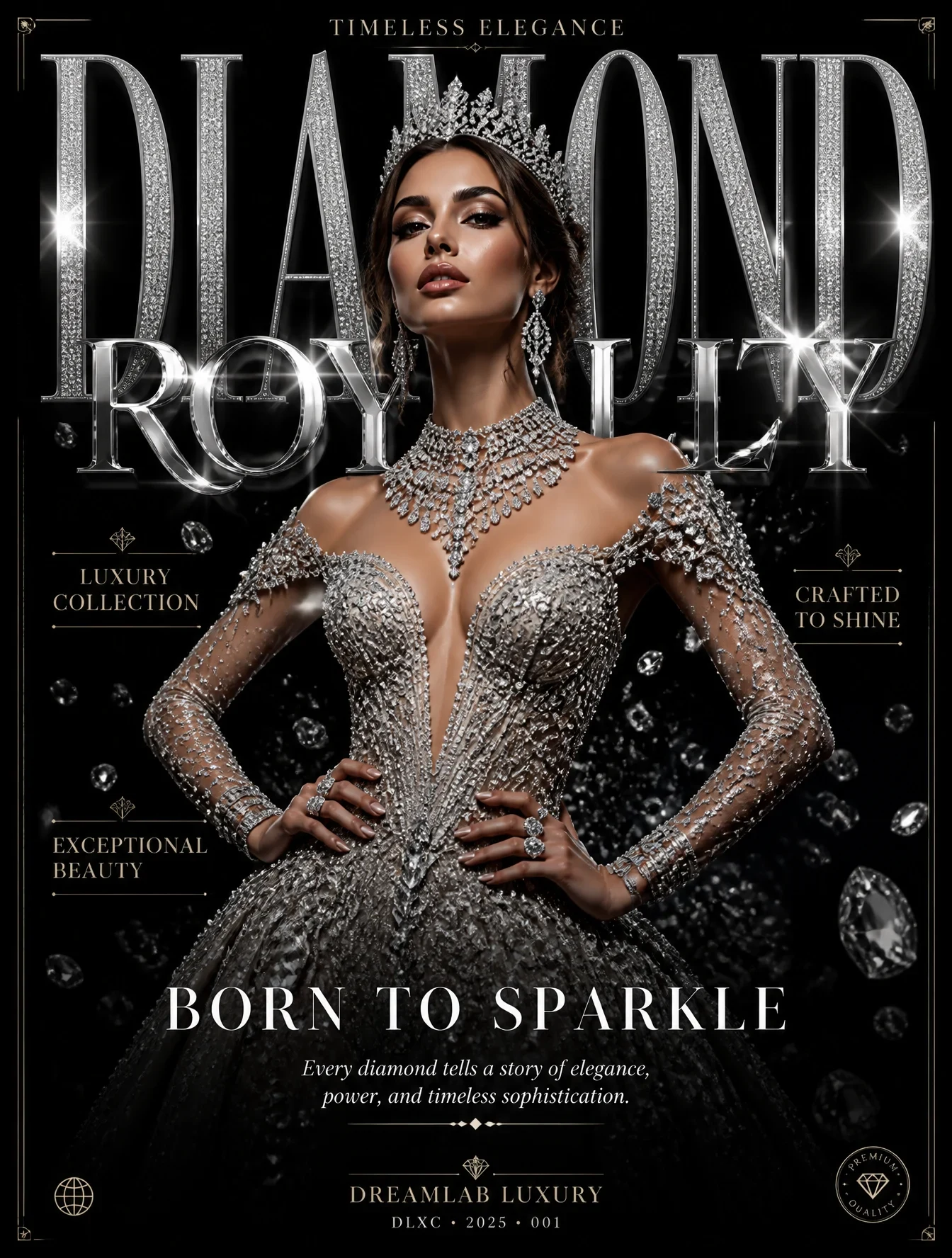 Ultra-Luxury Fashion Editorial Poster on a Clean Black Background with Subtle