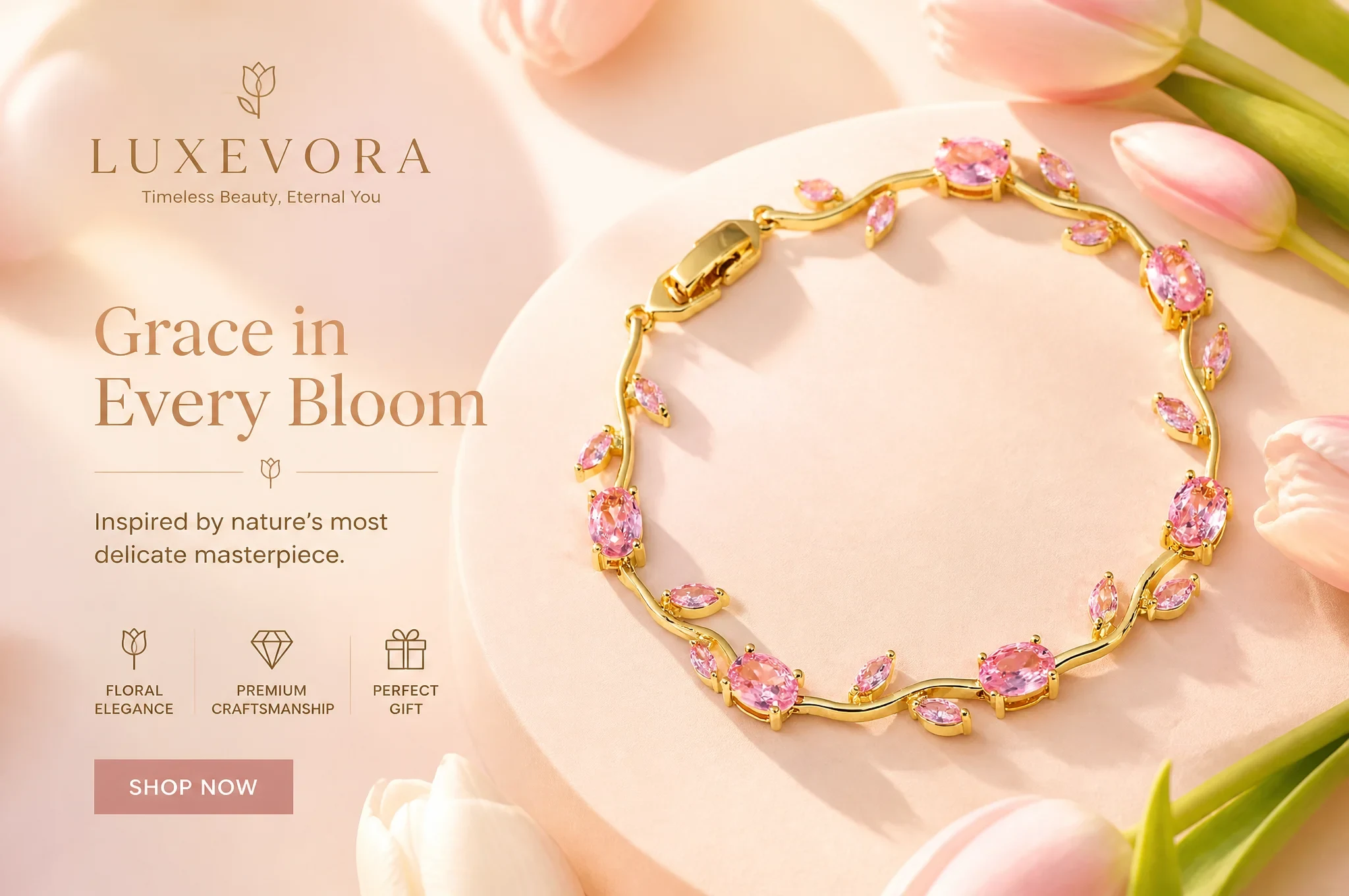 Luxury Tulip Bracelet Advertisement, Delicate Tulip-Inspired Bracelet Placed on