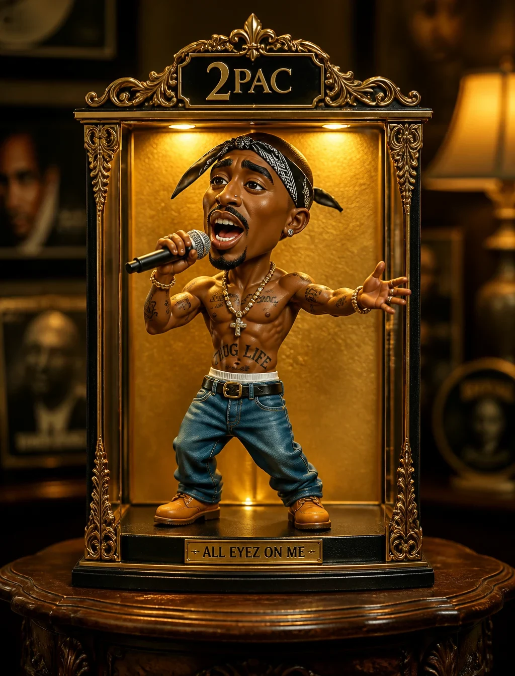 A Stylized, Exaggerated Cartoon Figurine of 2Pac, Appearing to Be a Singer, Is