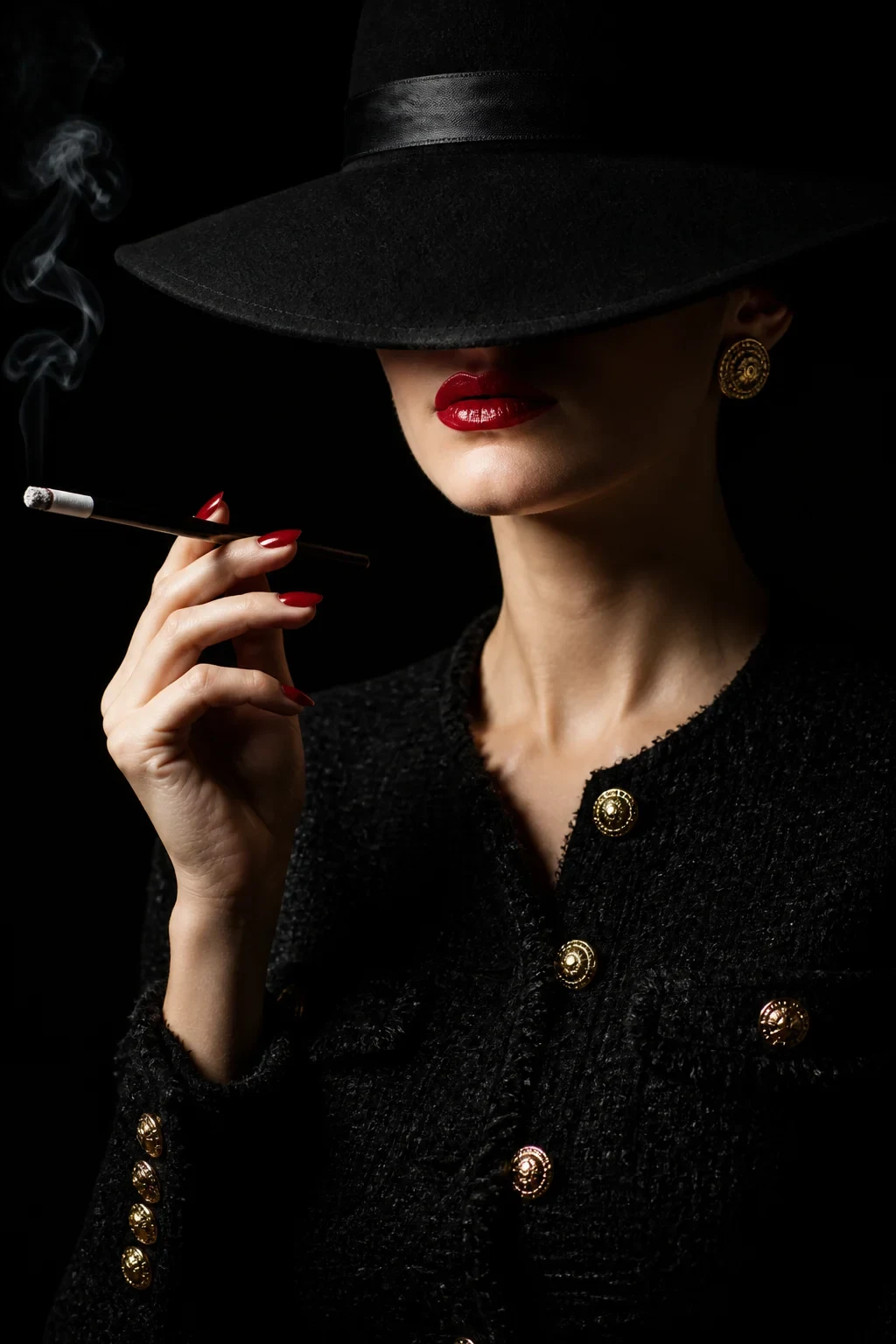 A Sophisticated Woman in a High-Fashion Black Tweed Jacket with Gold Buttons Is