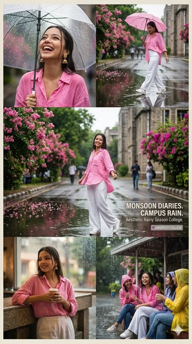 Aesthetic Rainy Season College Portrait Collage of a Stylish Young Woman in a Pink