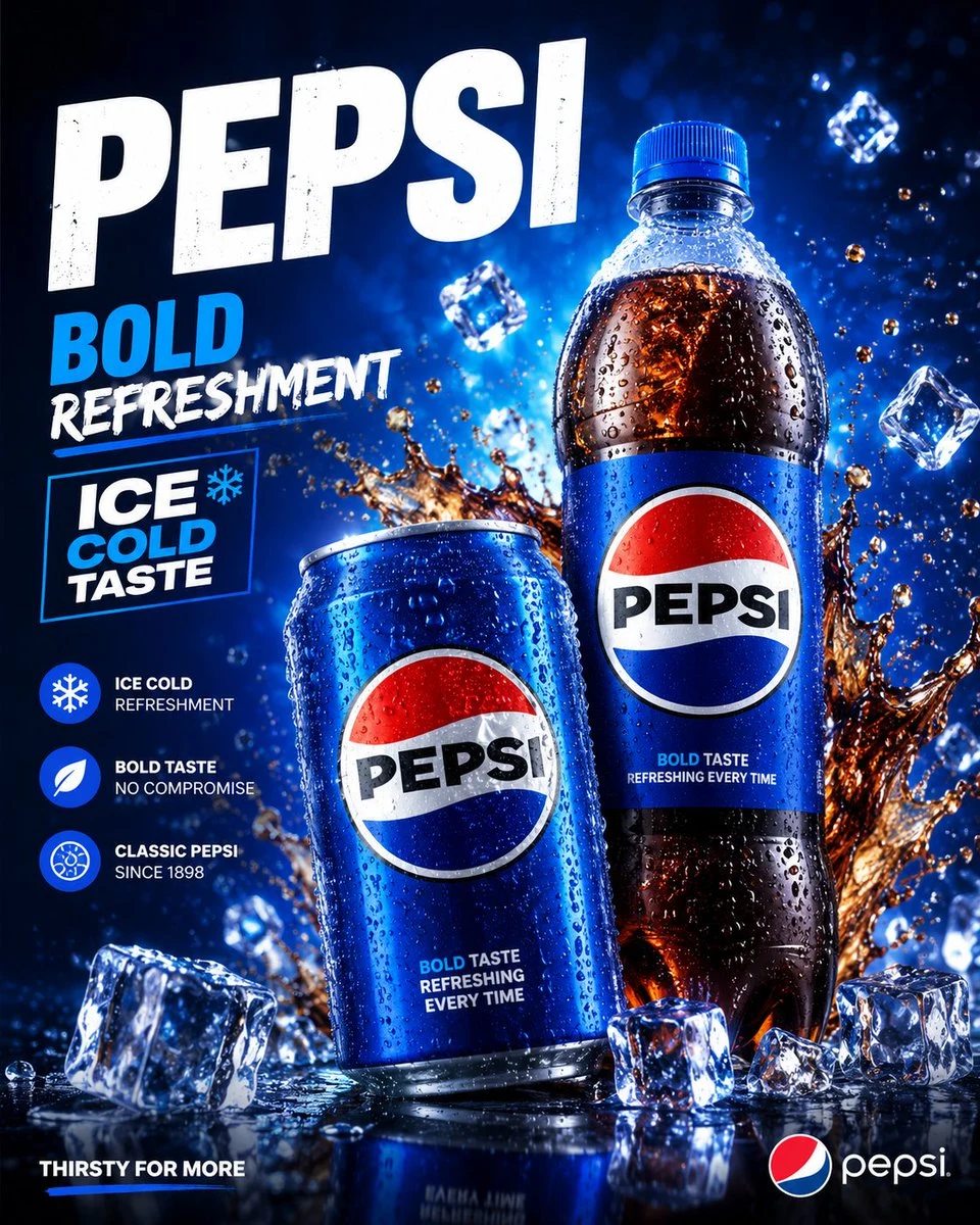 Premium Pepsi Drinks Packaging Advertisement Poster with a Bold, Refreshing,