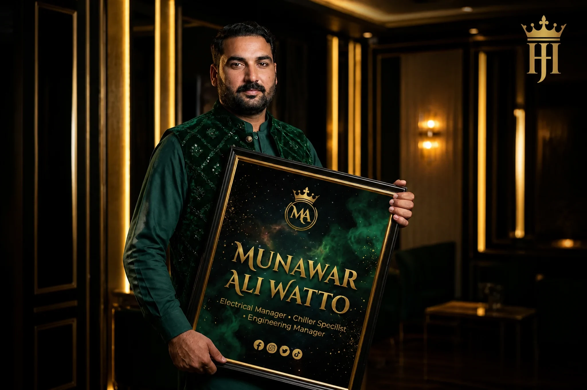 Professional Muslim Man Wearing a Pakistani Dress and Wastecoat, Holding a Framed