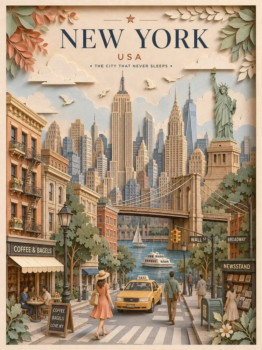 Vertical Travel Poster in an Elegant 3D Layered Paper-Cut / Papercraft Diorama