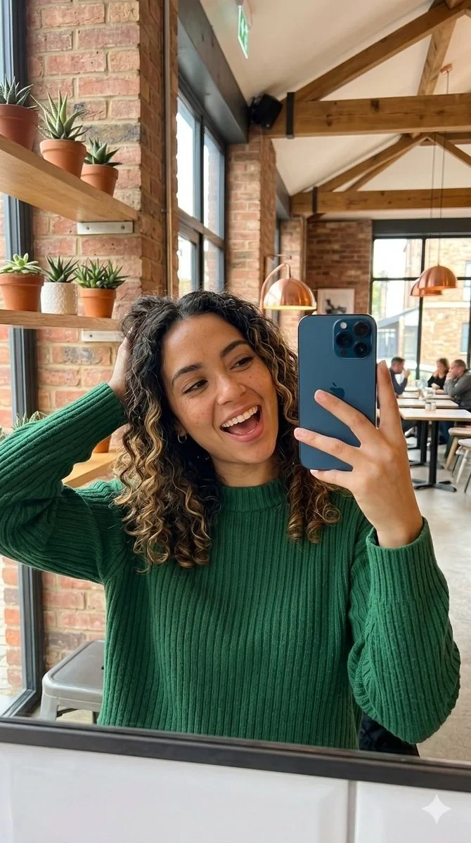 A Vertical Mirror Selfie of a Cheerful Young Woman with Light Brown Skin