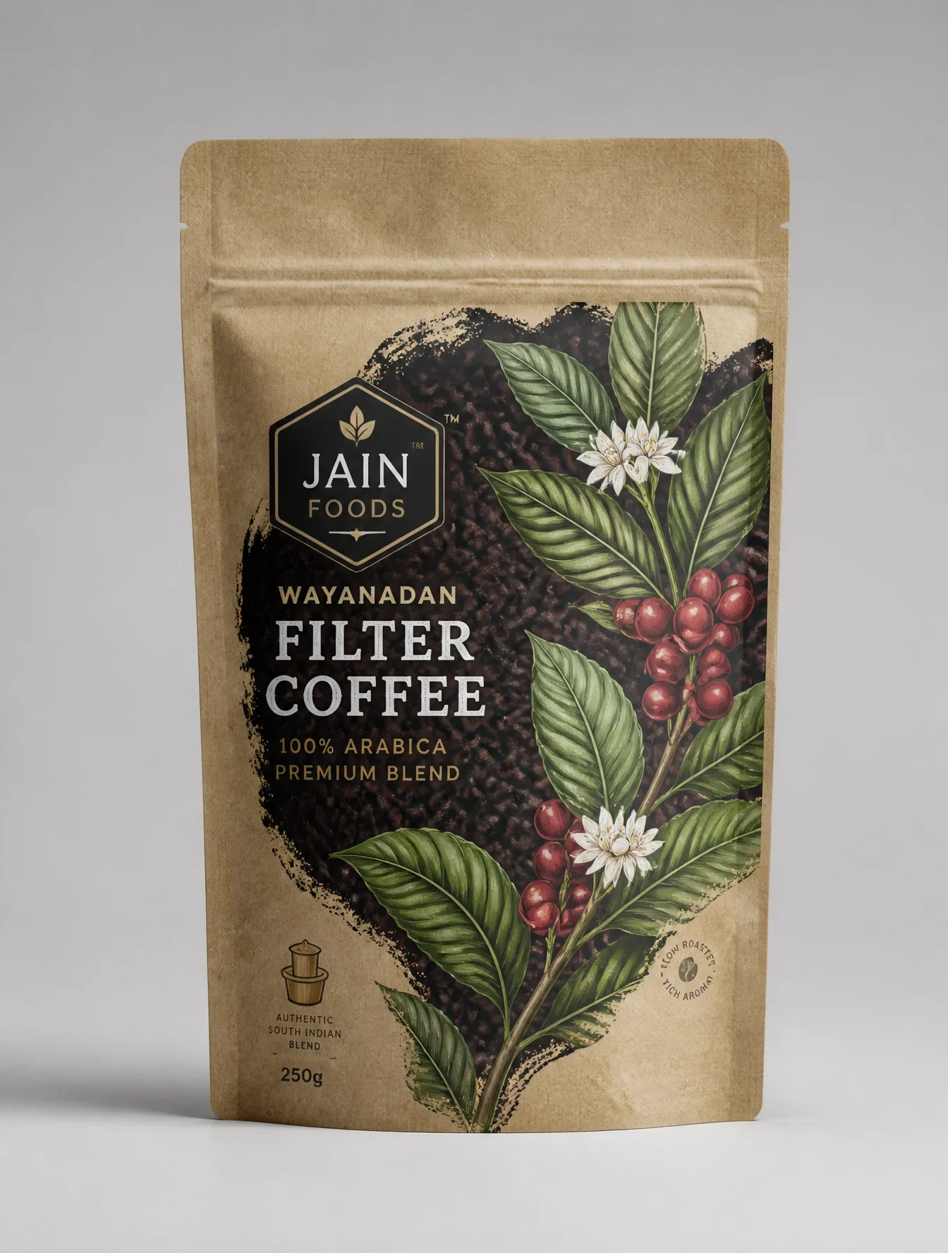 A Vertical Kraft Paper Stand-Up Pouch for "jain Foods Wayanadan Filter Coffee"