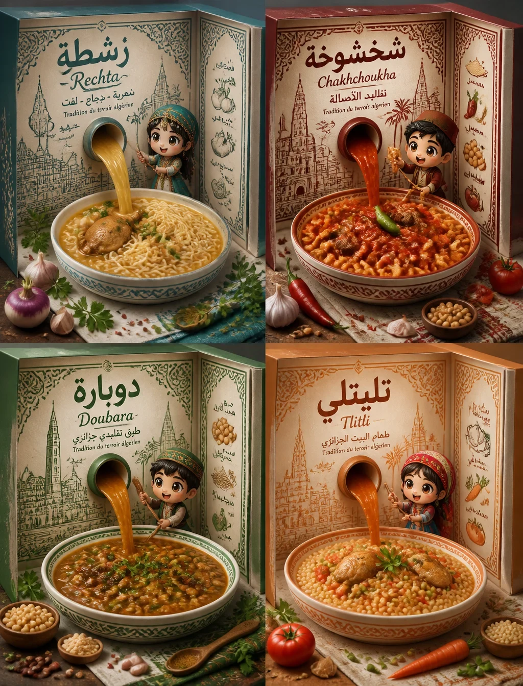 2x2 Grid Featuring Four Iconic Algerian Dishes: Rechta, Chakhchoukha, Doubara,