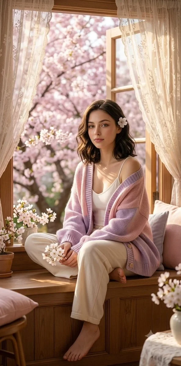 Ultra-Realistic Spring Morning Portrait of a Beautiful Young Woman Sitting
