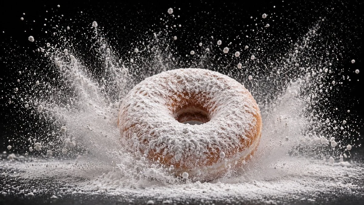 Food Item Coated in Powder Sugar Cocoa Being Dropped or Tapped