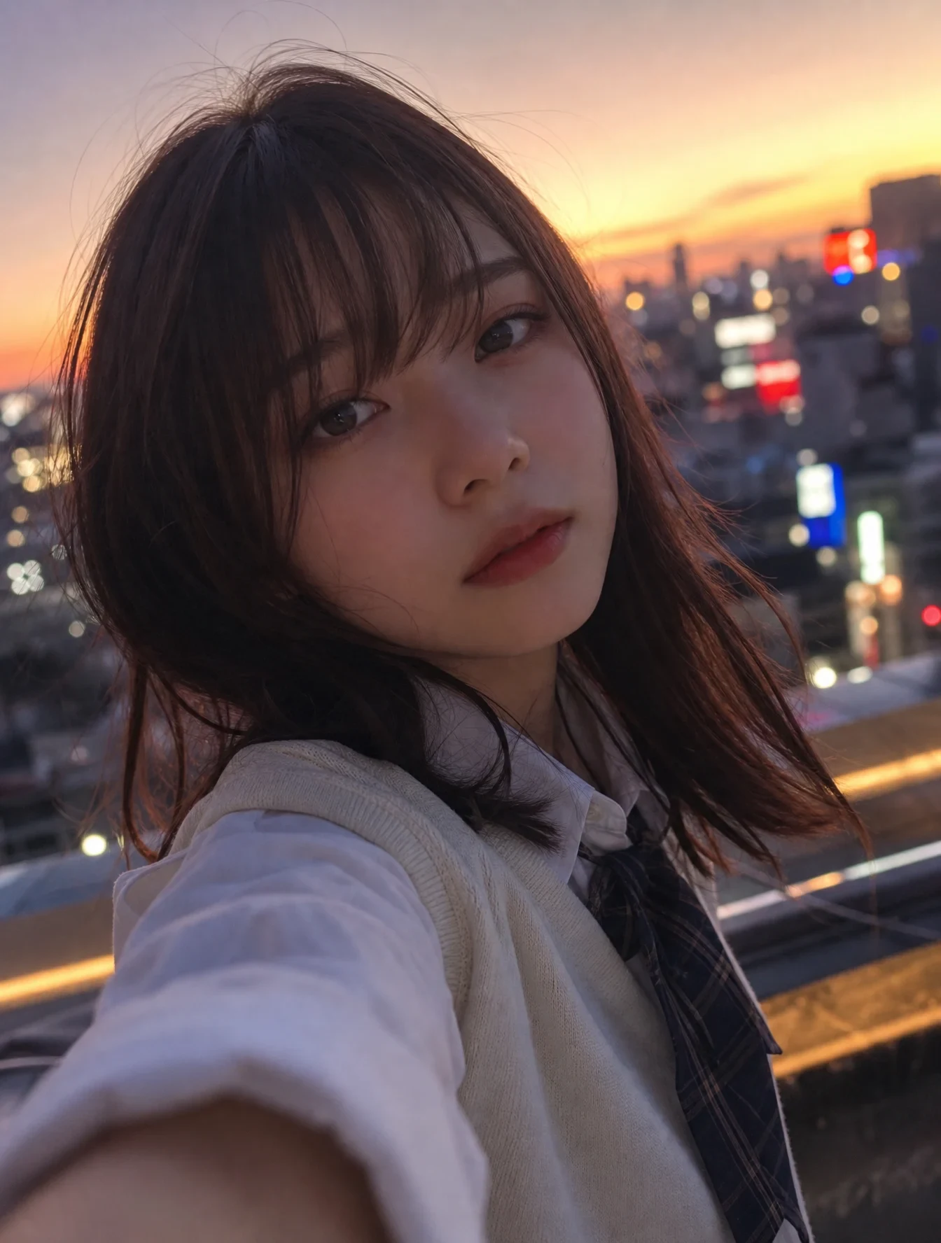 エモーショナルな雰囲気で、夕暮れ時の柔らかな光に包まれた日本人女子大生の自撮り写真