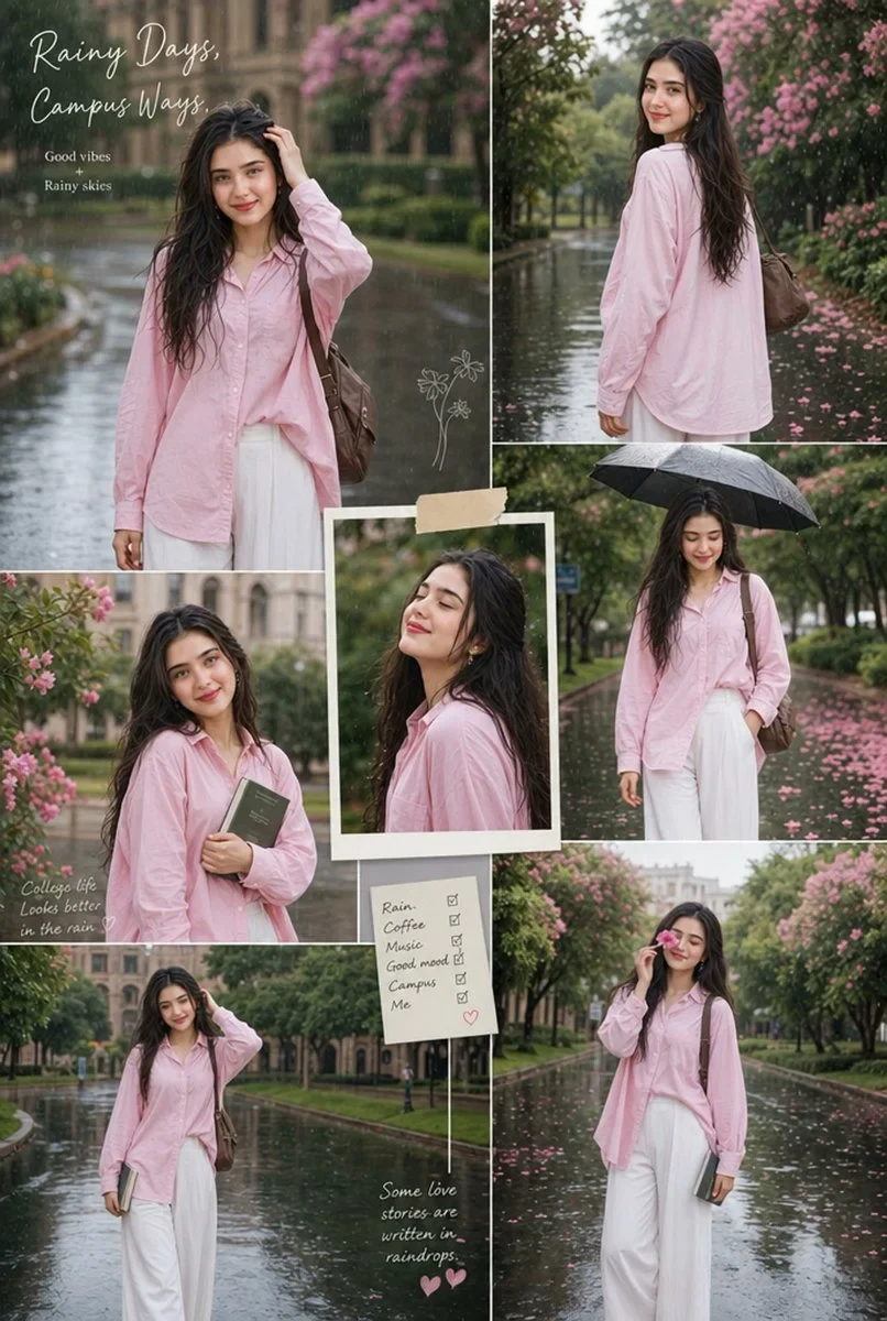 Aesthetic Rainy-Season College Portrait Collage Featuring Stylish Young Woman