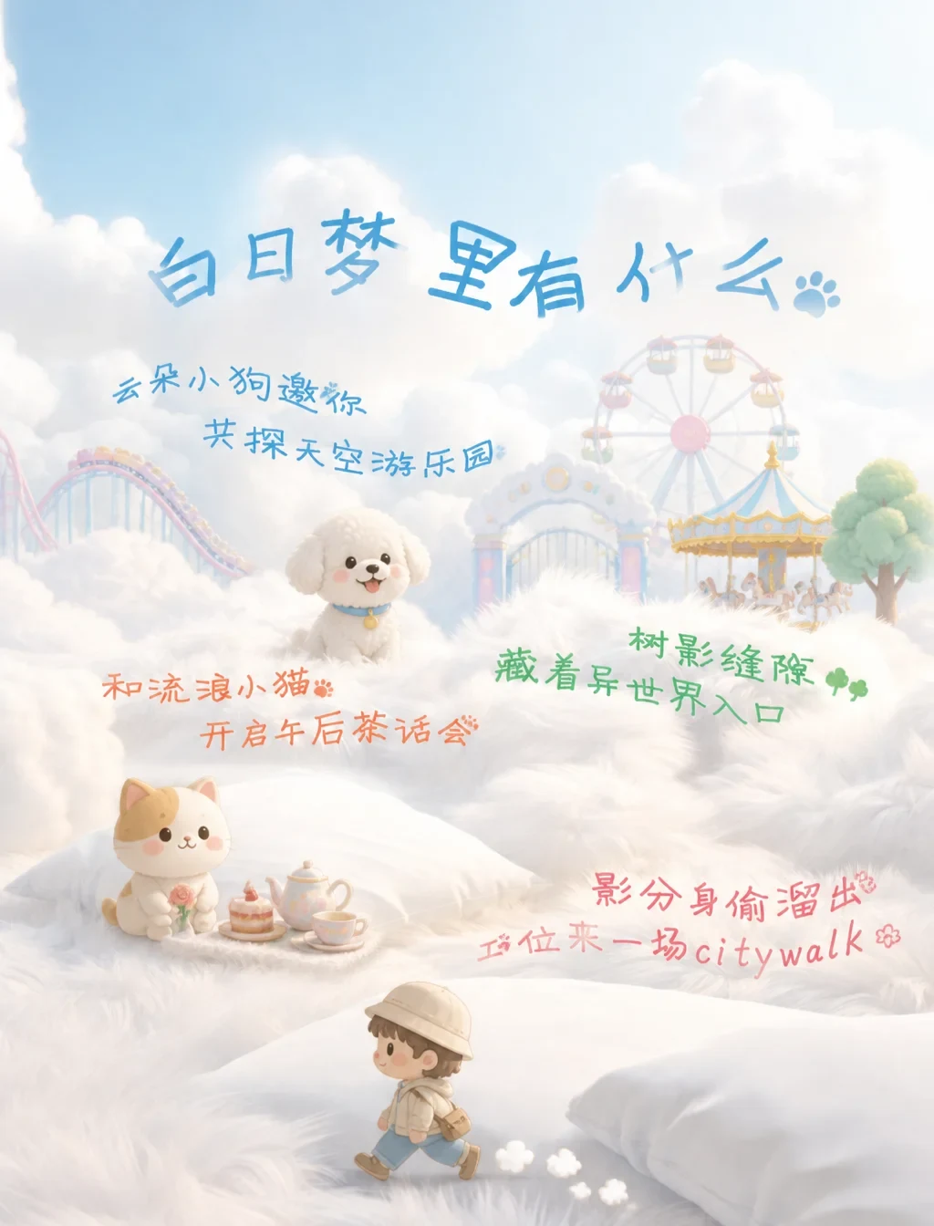 根据画面，和image2文字内容，分别加上小狗，游乐园，小猫和走路的卡通小元素