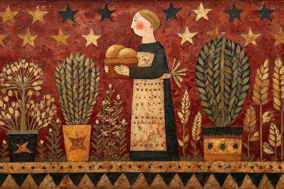 A Naive Folk Art Painting of Subject, Surrounded by Symbolic Plants, Stars,