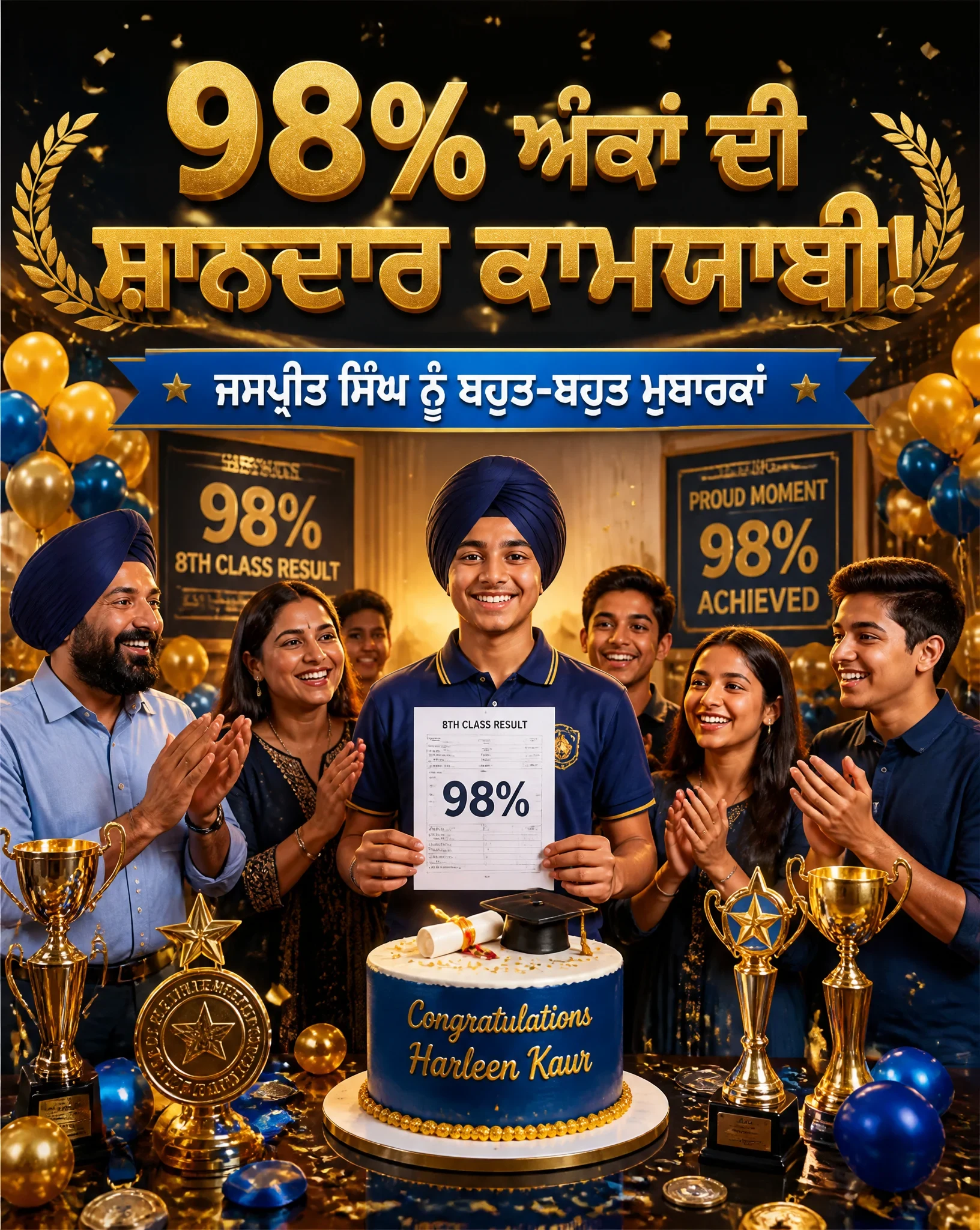 ਸ਼ਾਨਦਾਰ ਜਸ਼ਨ ਪੋਸਟਰ, "ਜਸਪ੍ਰੀਤ ਸਿੰਘ ਨੇ 8ਵੀਂ ਕਲਾਸ ਵਿੱਚ 98% ਅੰਕ ਹਾਸਲ ਕੀਤੇ!"