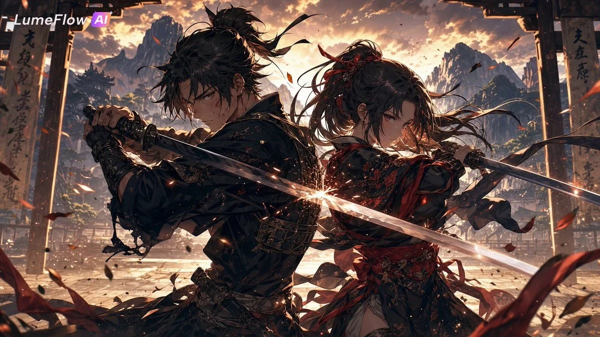A Powerful Anime Couple Training Together in a Vast Mountain Dojo at Golden