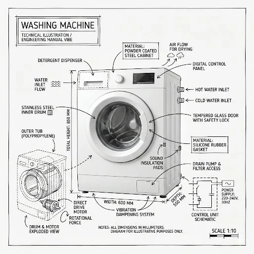 Infographic Image of Washing Machine, Combining a Realistic Photograph