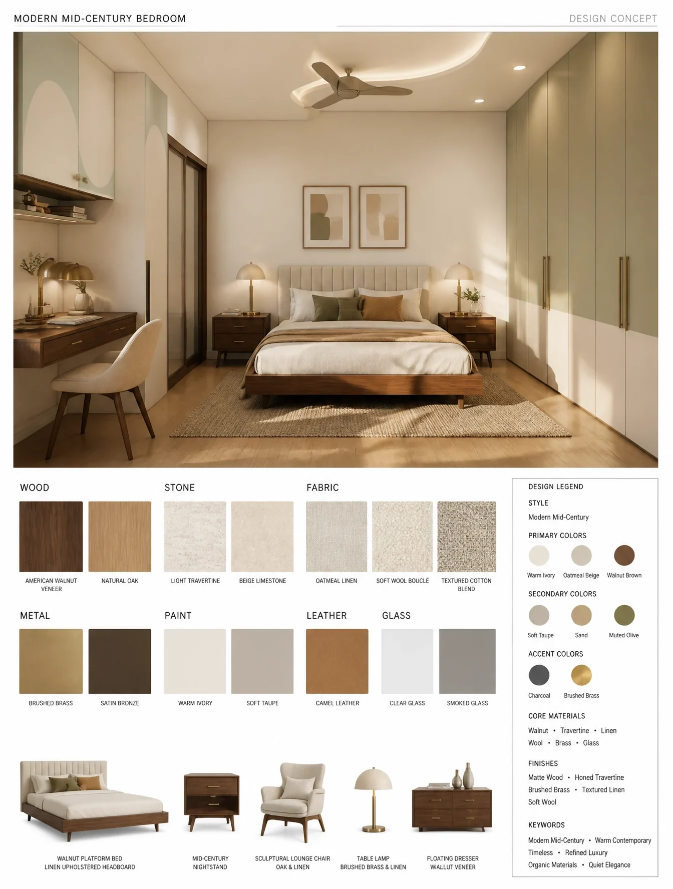 MODERN MID-CENTURY BEDROOM — HIGH-END INTERIOR DESIGN MOOD BOARDCreate a Luxury