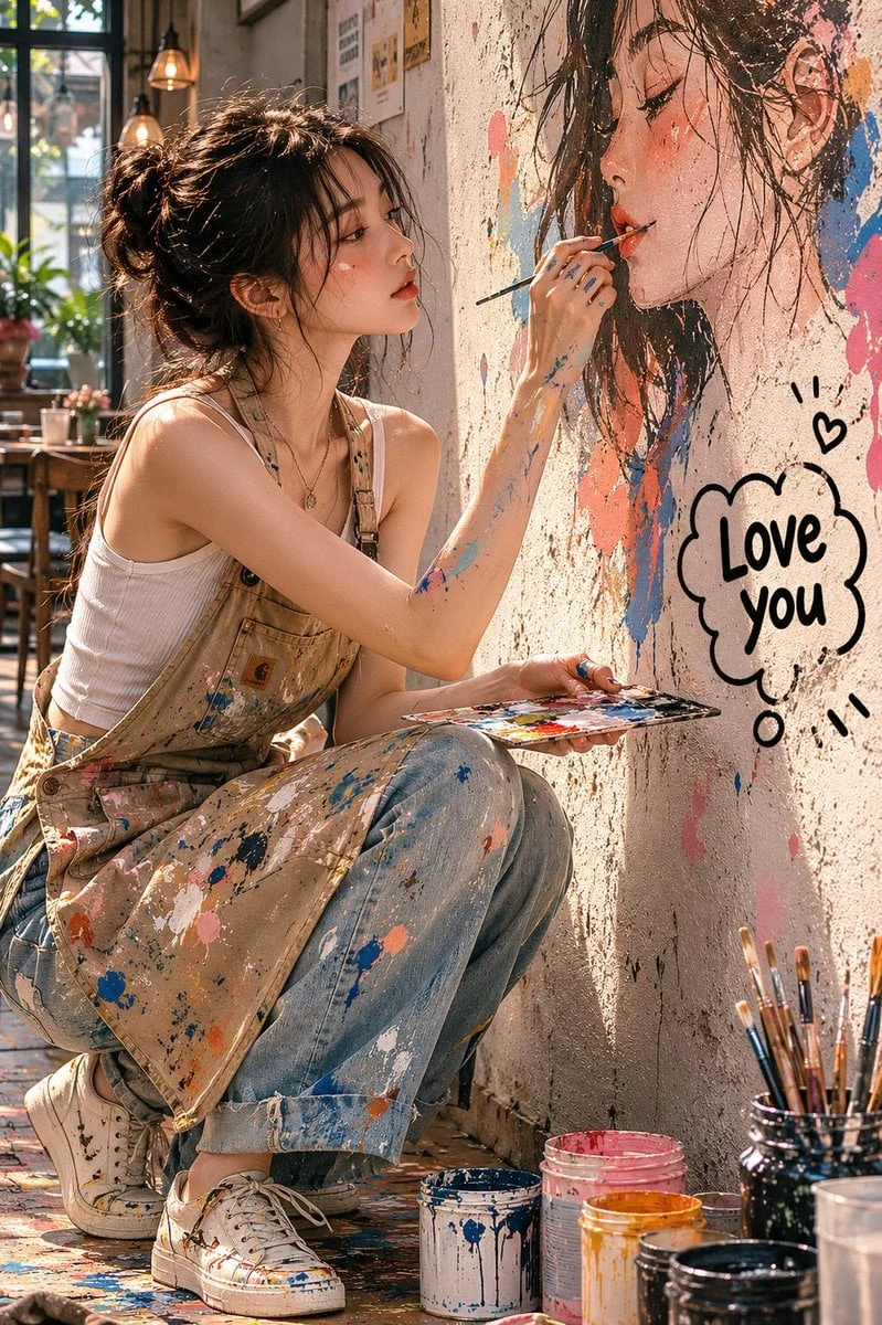 Realistic, Editorial-Style Portrait Photo Set in a Cozy and Artistic Café