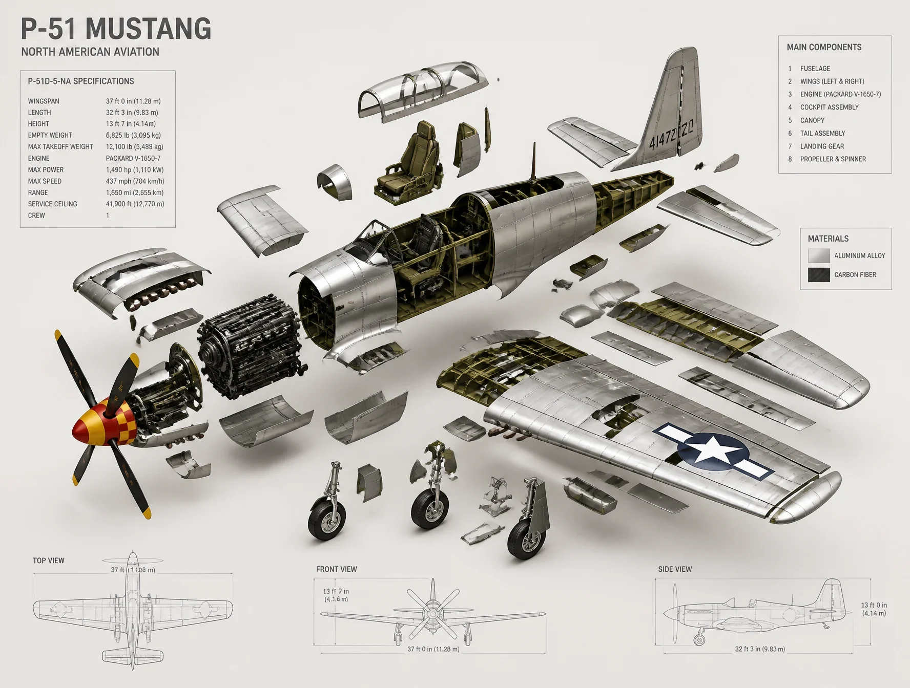 High-End 3D CAD Exploded View Diagram of a p51 Mustang, Ready for Framing