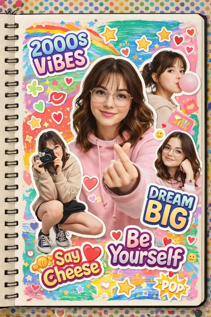 A Vibrant 2000s Scrapbook-Style Collage Featuring the Same Young Woman in Multiple