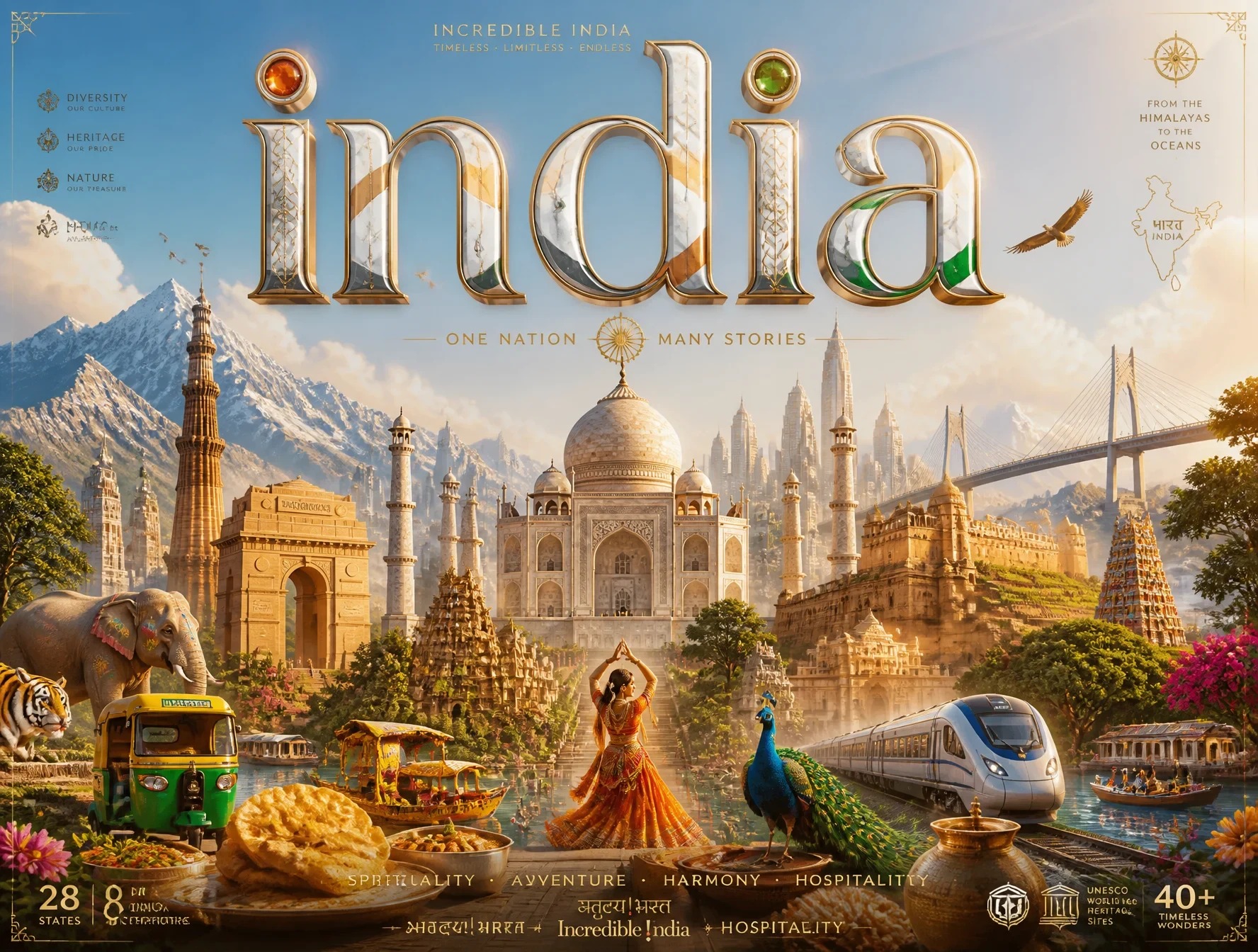 Ultra-Premium Cinematic 3D Travel Poster for INDIA, Bright Luxury Aesthetic