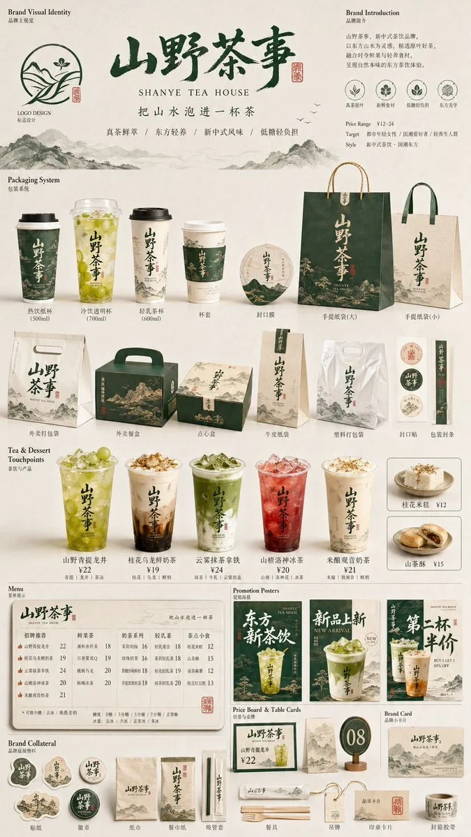 生成一张餐饮品牌触点矩阵系列视觉图，用于展示一个完整的餐饮品牌视觉系统与包装应用方案