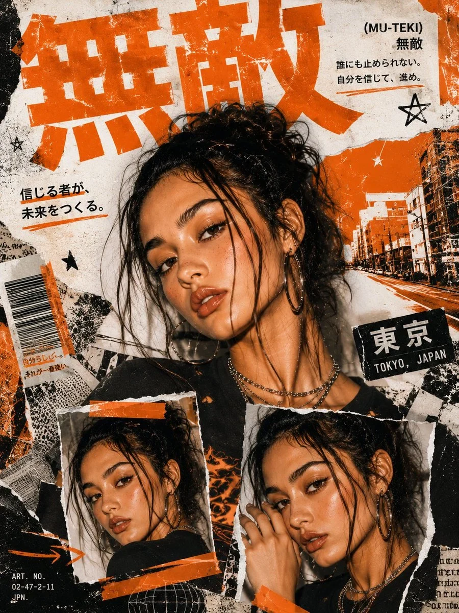 Bold Y2K Japanese Street-Editorial Collage Poster with a Clean High-Fashion