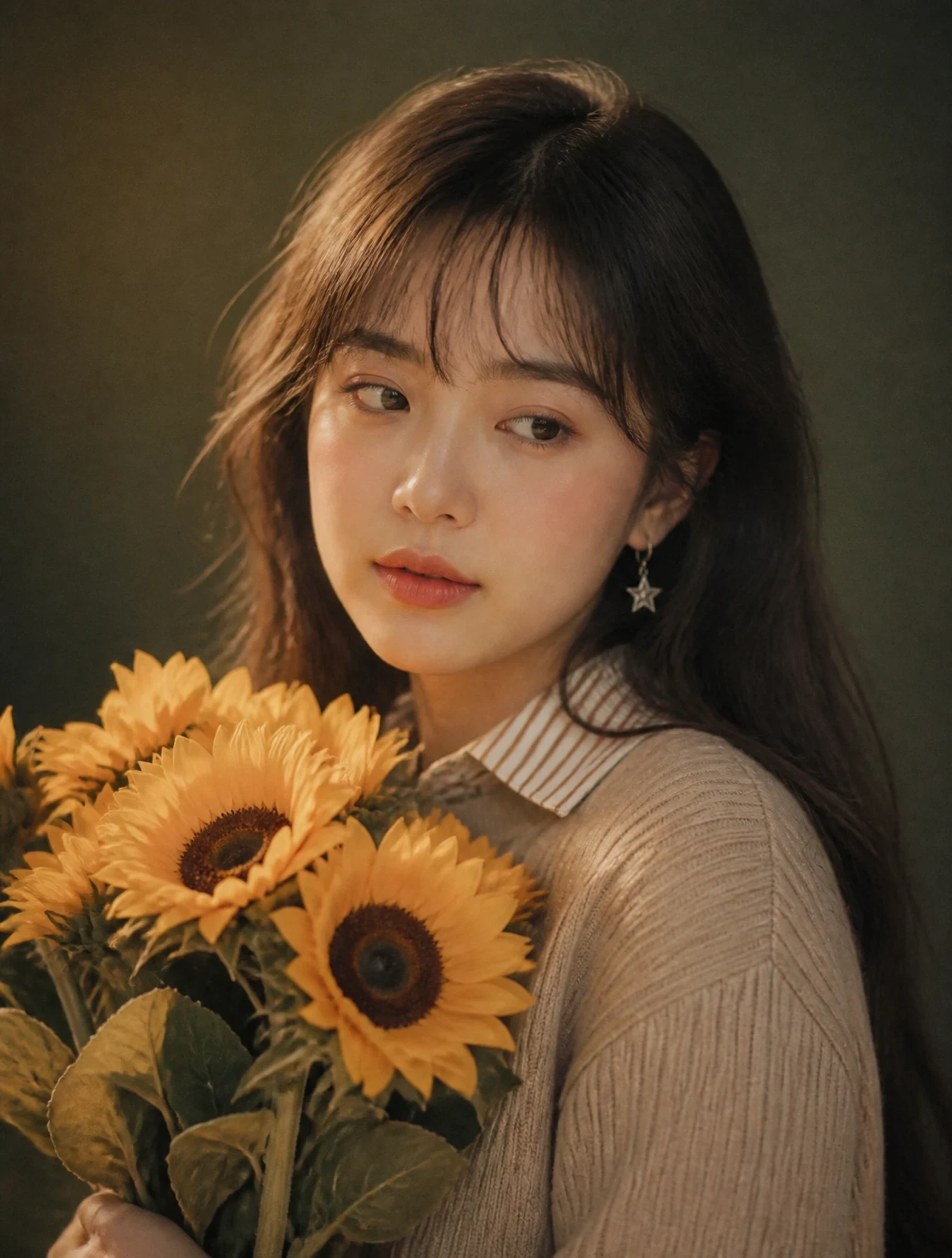 POSITIVE PROMPT:A Young East Asian Woman with Long, Soft Dark Brown Hair and Wispy
